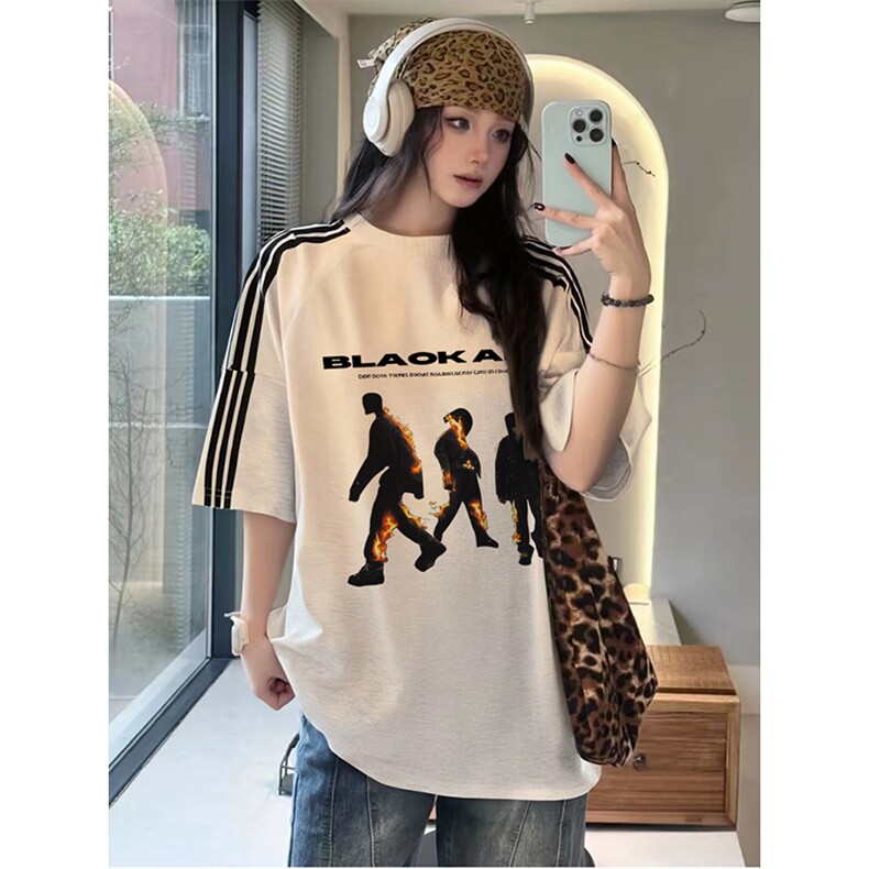 抖音得物品质二开240克宽松纯棉美式潮牌印花三条杠中性风短袖T恤,男装T恤,电商A486-1