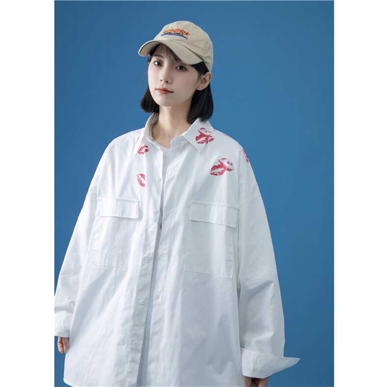 中性风春夏口红印花长袖衬衫青少年潮流休闲衬衣 CS20P45图片