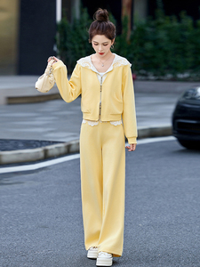 蕾丝连帽休闲运动套装女春秋2024新款小个子穿搭卫衣阔腿裤两件套图片
