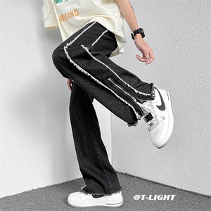 夏款裤子高街潮ins毛边拉链开叉牛仔裤男vibe风微喇裤N01299-P43图片
