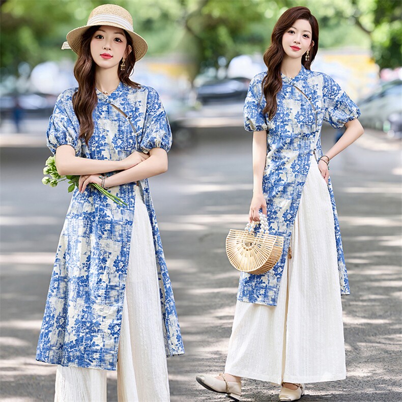 新中式蓝色镂空印花盘扣改良旗袍套装2026夏季简约日系阔腿裤套装，女装套装/套裙，美沁