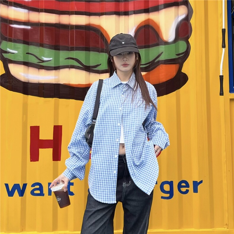 夏日韩版格子蓝色衬衫女宽松男友风衬衣宽松显瘦防晒开衫垂感外套,男装防晒衣,星座1210-1