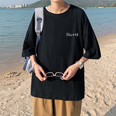 YT26098-P30亚麻短袖t恤男大码五分袖男宽松七分袖港风模特，男装T恤，电商A040