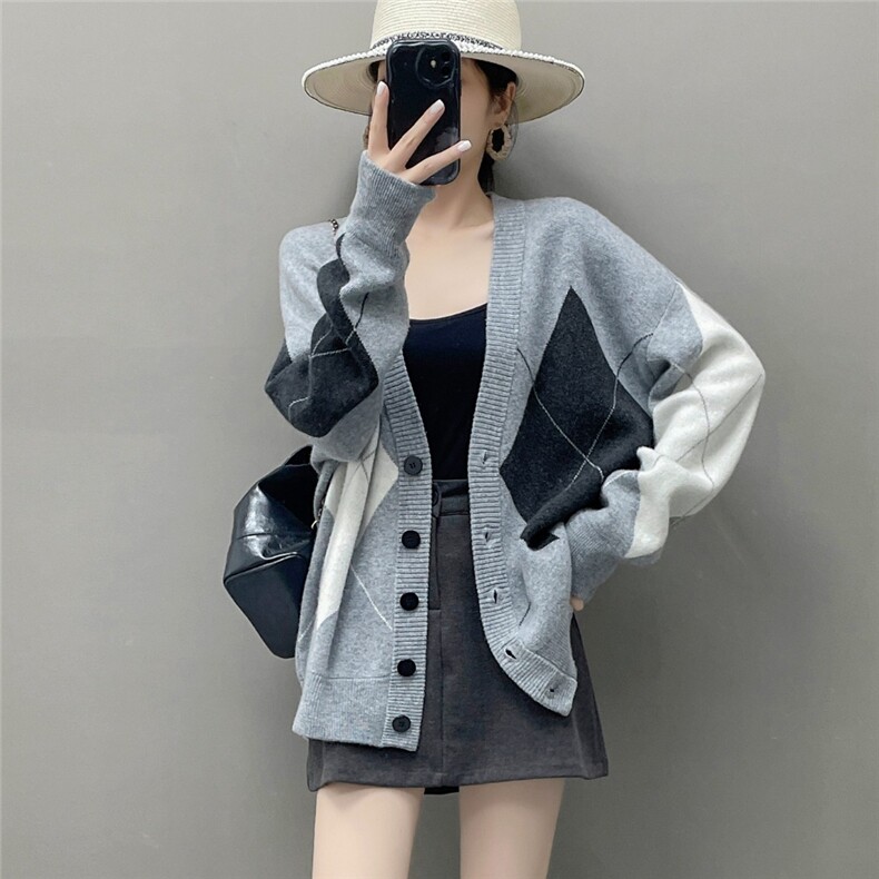 HE|菱形格拼色加厚baby山羊绒针织开衫女V领毛衣宽松中长款外套,针织衫/毛衣,国旺羊绒