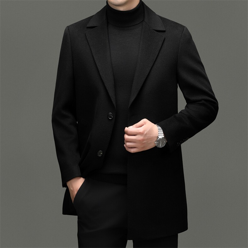 高端中年绵羊毛西服领大衣秋冬中老年绵羊毛双面呢中长款外套，男装西服，钱塘723