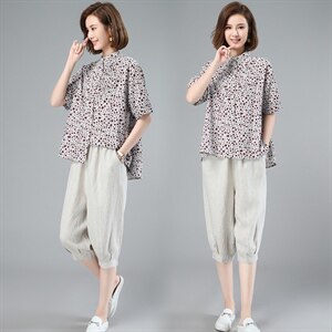 2022夏季新款时尚小碎花上衣+亚麻七分裤两件套,女装套装/套裙,独衣靓