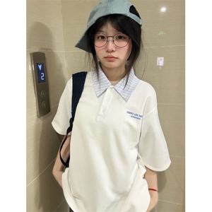 2025新款翻领polo衫正肩t恤夏季短袖宽松设计感小众学院风上衣图片