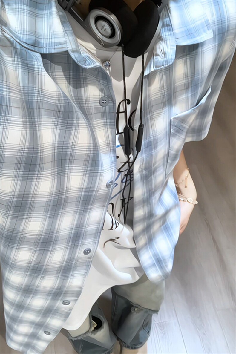 美式复古短袖衬衫男夏季潮牌小清新格纹拼接宽松大码休闲衬衣外套,男装衬衫,电商A022