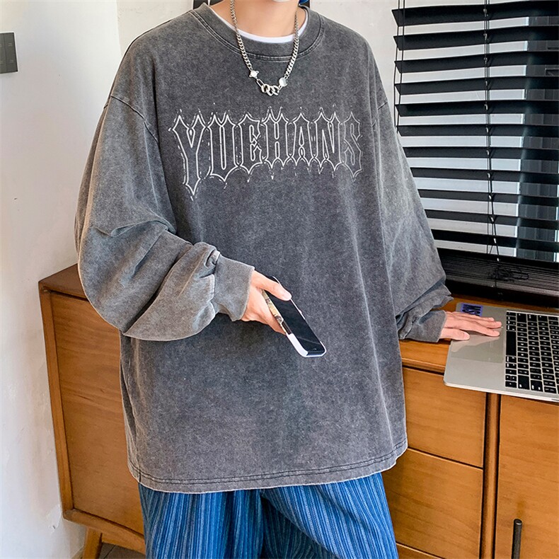 抖音供货、秋季现货水洗棉宽松重磅长袖T恤D223A-ST2380-特P38,男装T恤,电商019-1