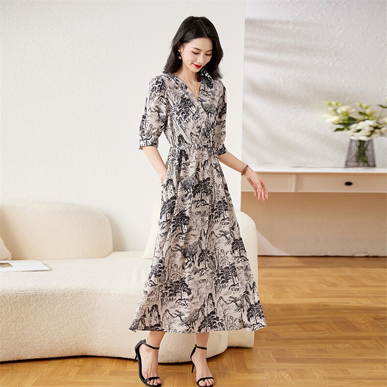 现货！2023新款夏季中长款连衣裙V领半袖裙子雅佳俏522#,女装连衣裙,雅佳俏