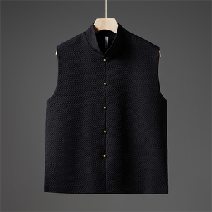 中古风新款几何提花铜扣马甲风立领无袖唐装夹克背心MJ06图片