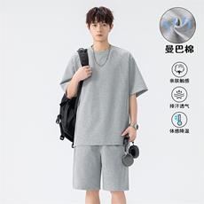特批P60无差价夏季潮流纯色曼巴棉拼接宽松短袖T恤短裤男TZ5364，男装T恤，电商A001-1
