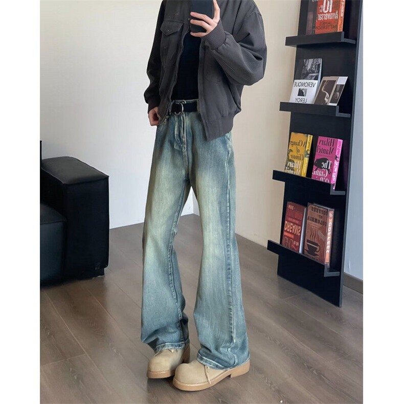 美式复古水洗做旧牛仔裤春秋高腰宽松百搭休闲直筒阔腿拖地长裤,男装牛仔裤,星座601-1