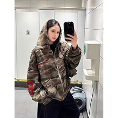 大码胖mm美式高街迷彩开衫连帽卫衣外套女秋季oversize拉链上衣，女装短外套，星座218-8
