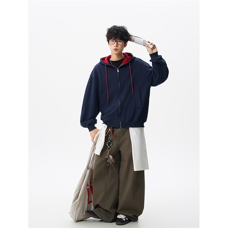 8XL-M秋连帽卫衣男宽松休闲纯色拉链开衫外套拼色帽衫运动WY27P65,女装短外套,电商D206-1