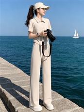 欧式简约轻奢运动套装女夏季时尚气质修身显瘦短袖上衣长裤两件套，女装套装/套裙，江南