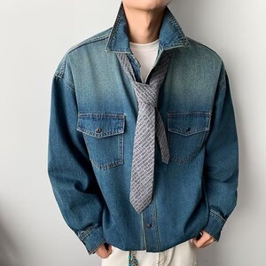 美式复古水洗渐变莱赛尔长袖牛仔衬衫男2025春季宽松翻领衬衣外套