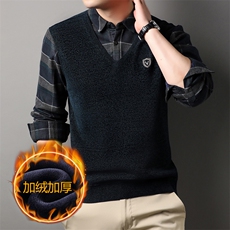 D66918钱塘2020-2冬季厚款衬衣领商务休闲中年男士假两件P77，男装针织衫/毛衣，钱塘207-2