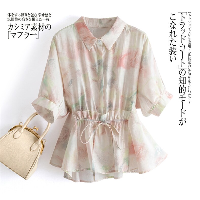 夏天薄款收腰雪纺上衣女新款宽松花衬衣小个子外穿个性设计感时尚，女装衬衫，水衣源