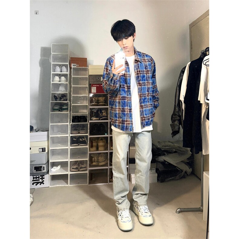 【有货】毛边破坏格子衬衫男长袖高级感拉链衬衣外套2503CC-特P45,男装衬衫,星座1007（原301D）