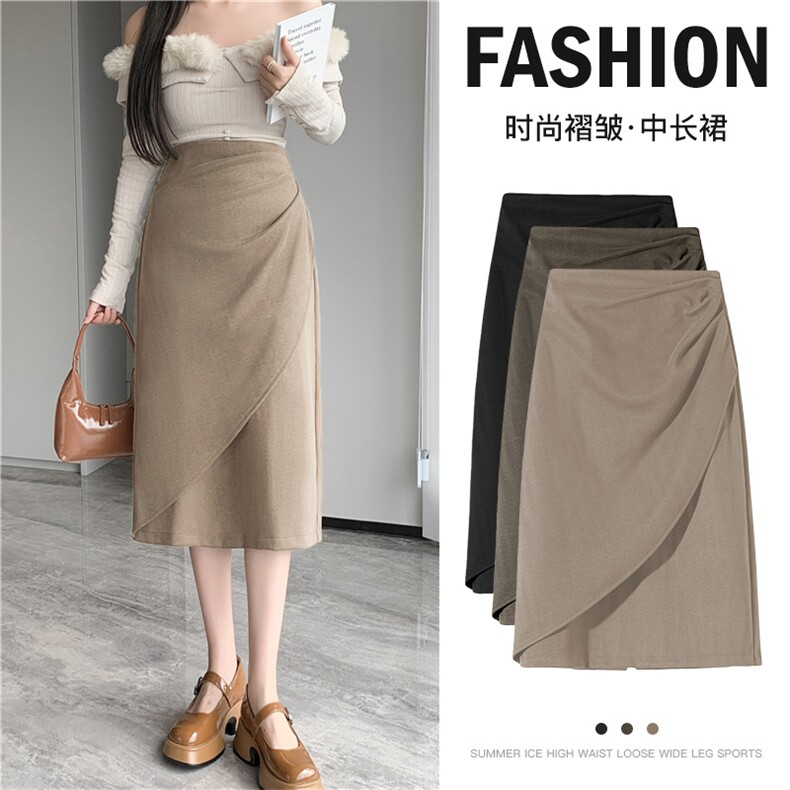 毛呢褶皱半身裙女秋冬2023新款季高腰裙子a字裙中长裙包臀裙，女装半身裙，梦白服饰厂