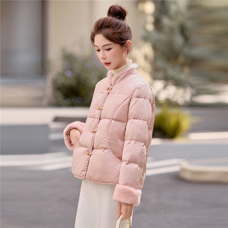 现货2026冬装新款新中式羽绒服保暖水貂毛拼接修身显瘦古典外套潮,女装羽绒服,唯婧