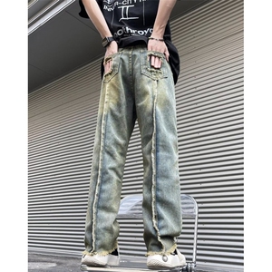 复古牛仔裤男毛边高街vibe美式潮牌冬季直筒阔腿裤子 NC1611图片