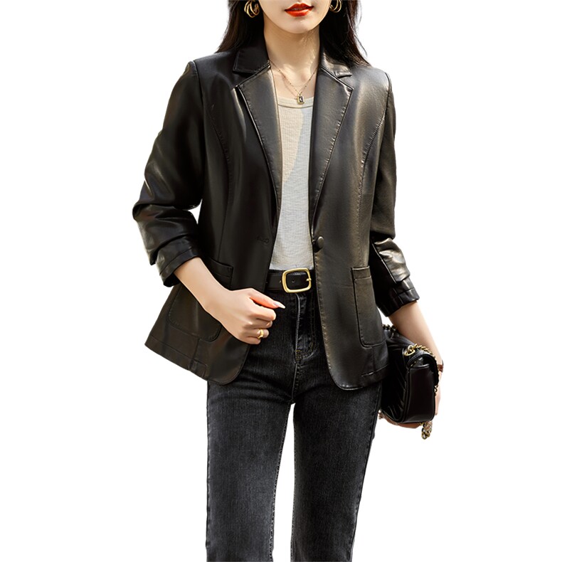 现货！皮衣外套女短款2025新款一粒扣修身显瘦西服上衣,女装皮衣,吾爱衣