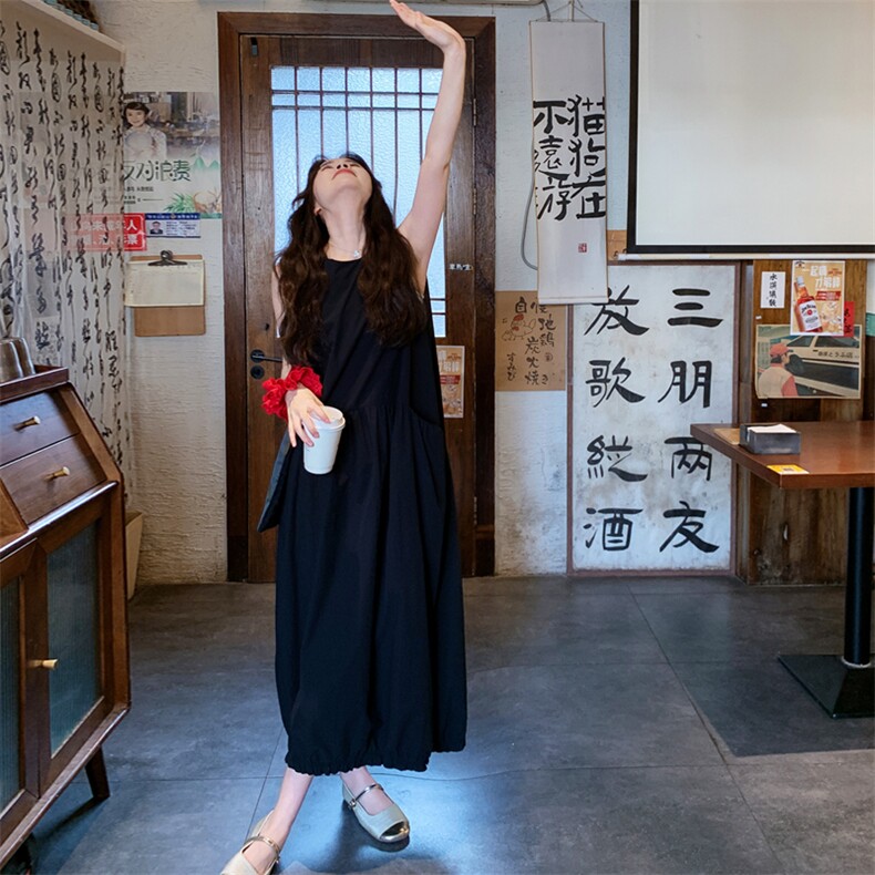 长裙纯色夏季无袖花苞裙假两件宽松中长款辣妈连衣裙大码显瘦气质图片