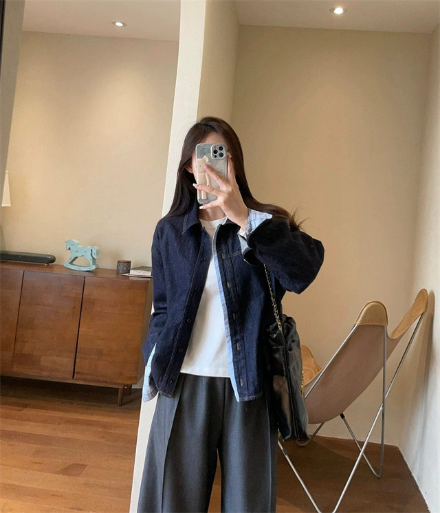 秋冬季复古蓝拼接格纹设计感翻领显瘦牛仔衬衫外套,女装衬衫,湘姗