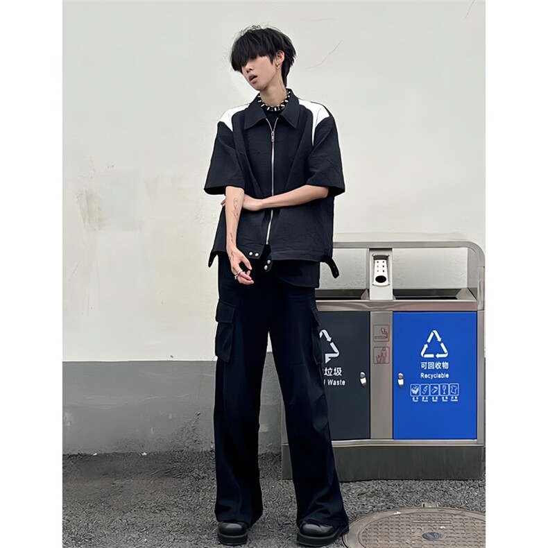 撞色拼接cleanfit短袖衬衫男垫肩高级感小众设计尼龙褶皱半袖衬衣,男装衬衫,四季星座505