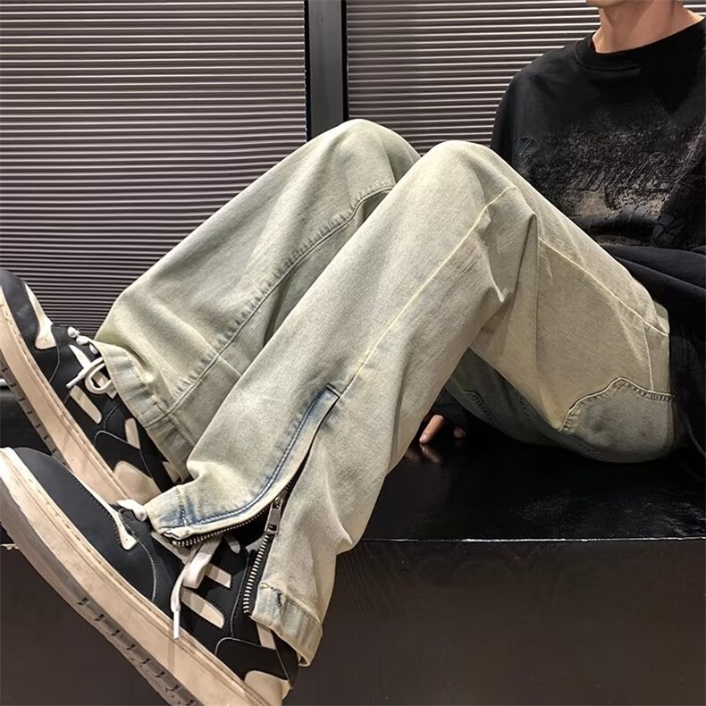 欧美复古高街黄泥牛仔裤男设计感小众拉链开叉微喇显瘦长裤Q8826，男装牛仔裤，星座601-2