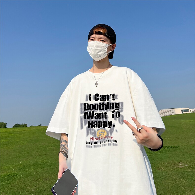 230克纯棉落肩宽松短袖白墨印花T恤B219A-T2513-p25限38图片
