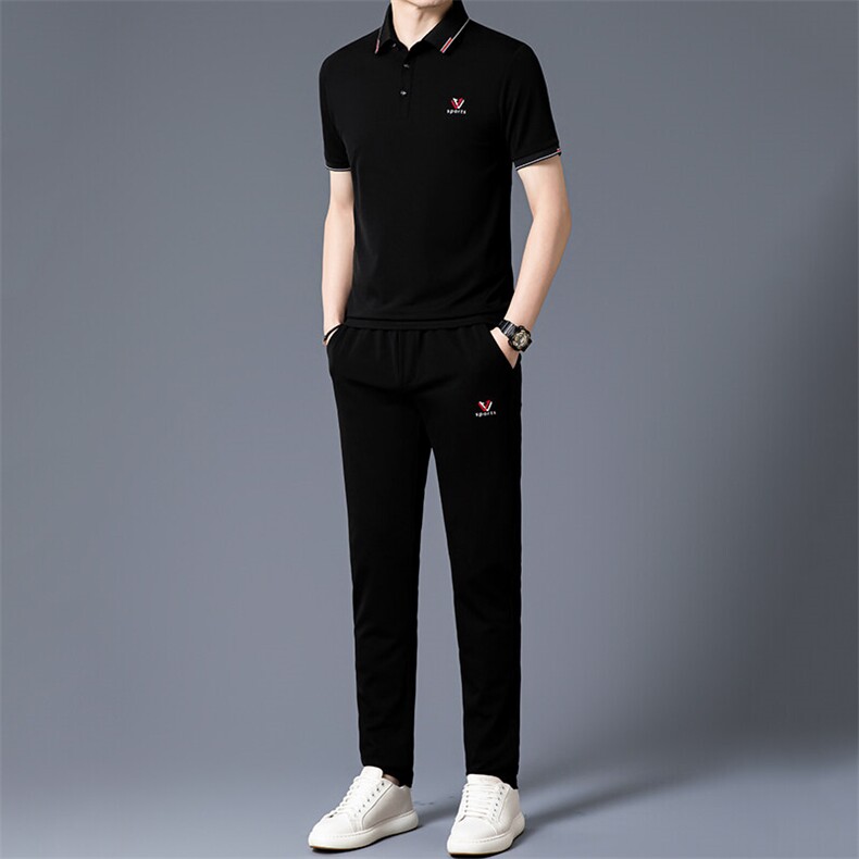 HP5092夏季新款男士休闲套装刺绣男装百搭二件套翻领图片