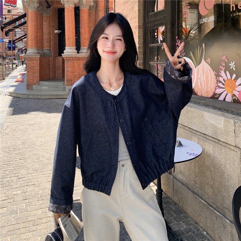 藏青色圆领慵懒风短款外套女2025秋季设计感简约气质百搭夹克上衣,女装短外套,2C166