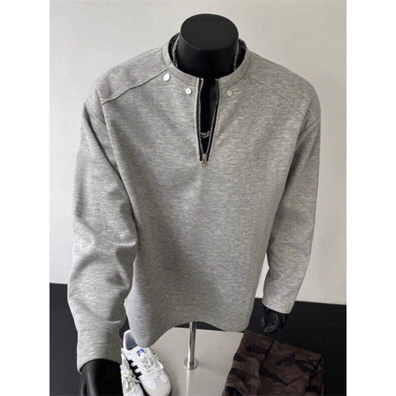 铆钉半拉链设计垫肩卫衣男美式高级感痞帅内搭长袖T恤L6609-p39，男装T恤，星座1008