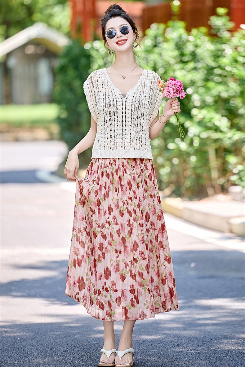 2025年夏季新款女装针织碎花半身裙套装,女装套装/套裙,奕可儿