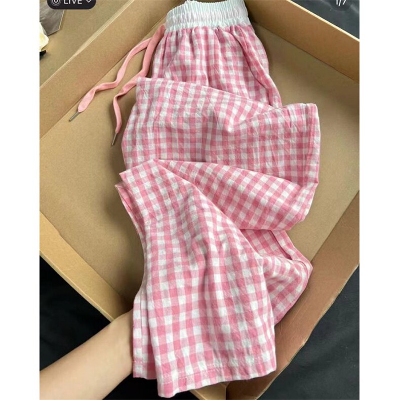 AK2497-P55粉红格子夏季薄款阔腿裤慵懒风甜美百搭宽松休闲裤,男装休闲裤,星座617A-2