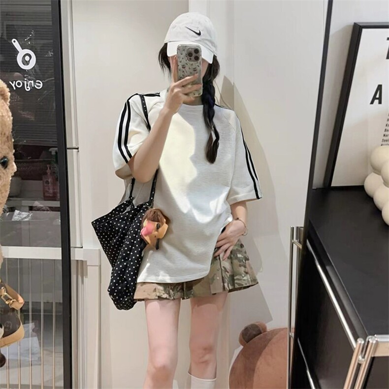 抖音得物品质二开240克宽松纯棉美式潮牌印花三条杠中性风短袖T恤,男装T恤,电商A486-1