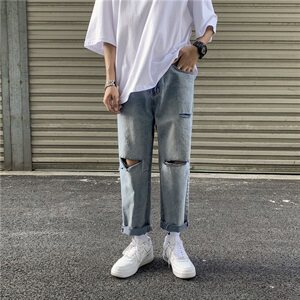 现货港风chic韩版休闲九分裤简约破洞牛仔裤修身小脚裤  KZ11图片