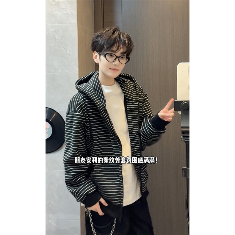 加绒条纹连帽卫衣美式复古开衫短款外套男女5D1202-TP65118,女装短外套,电商A102