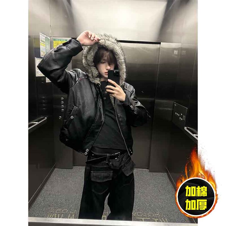 现货冬季美式潮牌痞帅PU皮机车服棉衣毛毛绒狼王座山雕皮棉服，男装棉衣，电商A486