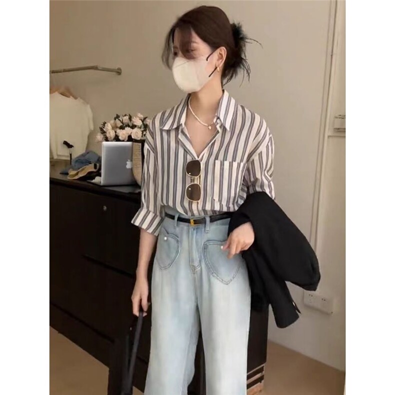 港风复古慵懒条纹衬衫女通勤薄款防晒上衣夏款韩系简约百搭衬衣女图片