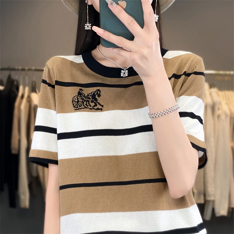 时尚条纹短袖冰丝针织衫女夏季新款宽松显瘦小马车刺绣上衣,针织衫/毛衣,萱芳婷羊绒