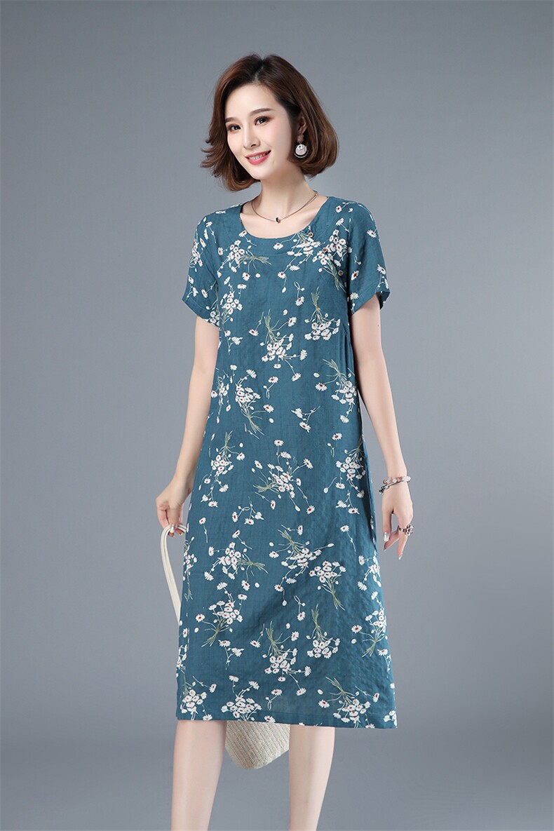 2021年夏季中长款通勤高腰A字裙40-49周岁印花圆领套头韩版裙子,女装连衣裙,伊满意