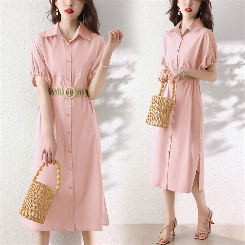 现货-2023年夏季新款韩版polo领泡泡袖宽松中长款纯色衬衫连衣裙，女装连衣裙，霓裳依族