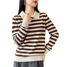 秋冬季翻领毛衣拼色羊毛衫女显瘦条纹衫娃娃领打底衫内搭，女装羊毛衫，盛鼎羊绒