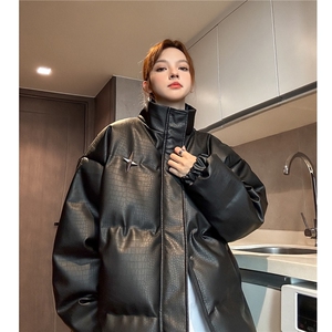 中性冬装 美式立领情侣宽松棉服加厚pu皮棉衣外套男女H912 P128图片