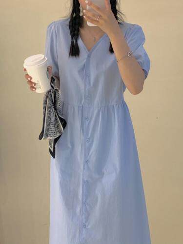 夏季新款三色v领纯色连衣裙，女装连衣裙，Here Bella(5F)