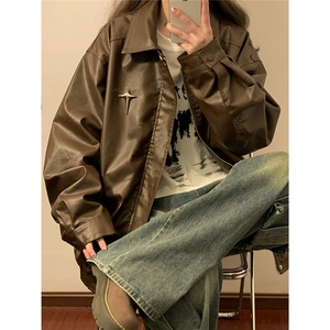 1中性美式四芒星可拆卸胸针PU皮大码M-5XL夹克男JK77771P85控118图片